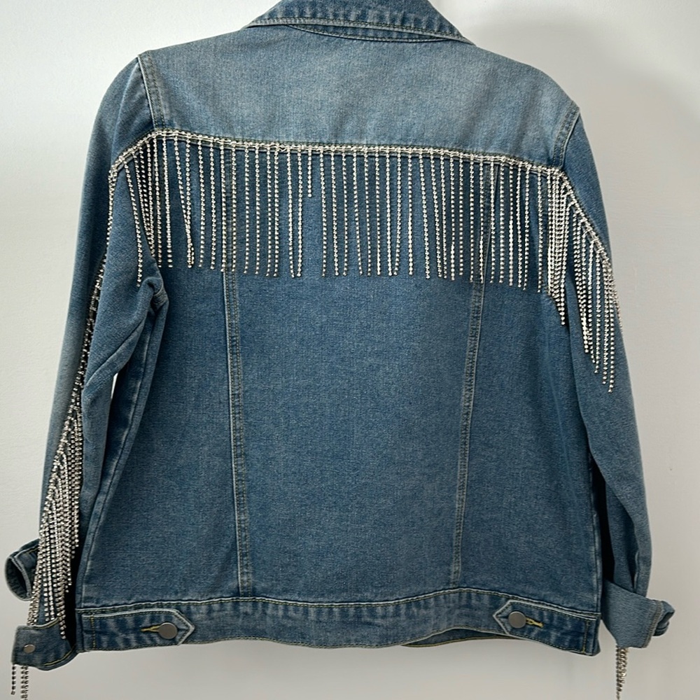 Denim bejeweled fringe jacket